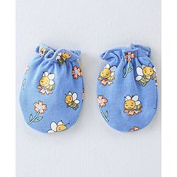 Babyhug 100% Cotton Knit Cap Mittens And Booties Honey Bee Print - Blue