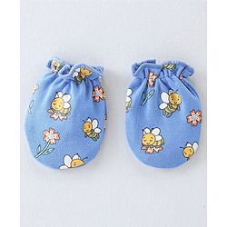 Babyhug 100% Cotton Knit Cap Mittens And Booties Honey Bee Print - Blue