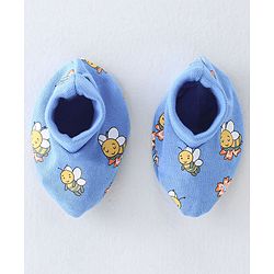 Babyhug 100% Cotton Knit Cap Mittens And Booties Honey Bee Print - Blue