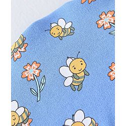 Babyhug 100% Cotton Knit Cap Mittens And Booties Honey Bee Print - Blue
