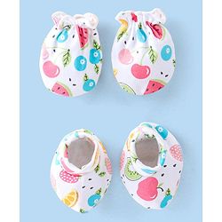 Babyhug 100% Cotton Knit Apple Print Mittens & Booties - Multicolour