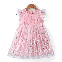 Babyhug Frilled Sleeve Net Sequenced Embroidered Ethnic Dress-Pink