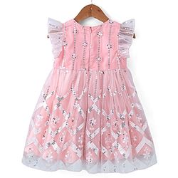 Babyhug Frilled Sleeve Net Sequenced Embroidered Ethnic Dress-Pink