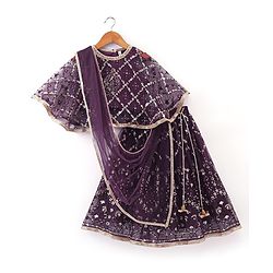 Babyhug Cape Sleeves Sequenced Embroidered Choli with Lehenga and Poncho Set - Purple