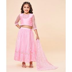 Babyhug Three Fourth Sleeves Sequenced Embroidered Choli with Lehenga and Dupatta Set - Pink