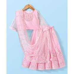Babyhug Three Fourth Sleeves Sequenced Embroidered Choli with Lehenga and Dupatta Set - Pink
