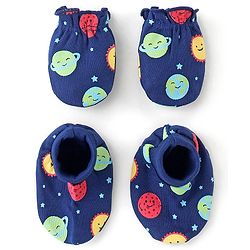 Babyhug 100% Cotton Knit Mitten & Booties Space Print - Navy Blue