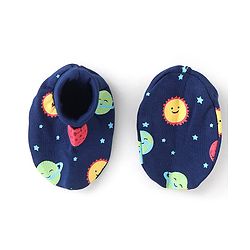 Babyhug 100% Cotton Knit Mitten & Booties Space Print - Navy Blue