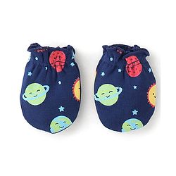 Babyhug 100% Cotton Knit Mitten & Booties Space Print - Navy Blue