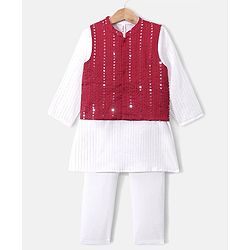 Babyhug Full Sleeves  Solid Kurta Pyjama Set with Sequenced Embroidered Jacket - White