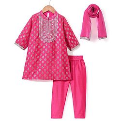 Babyhug Three Fourth Sleeves Foil Printed Kurti Pant and Dupatta Set - Fuchsia
