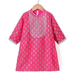 Babyhug Three Fourth Sleeves Foil Printed Kurti Pant and Dupatta Set - Fuchsia