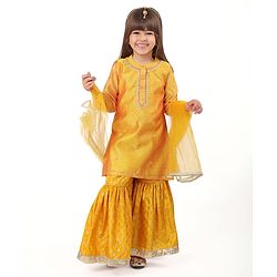 Babyhug Three Fourth Sleeves Embroidered Kurti Sharara and Dupatta Set - Mustard