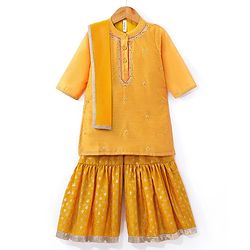 Babyhug Three Fourth Sleeves Embroidered Kurti Sharara and Dupatta Set - Mustard