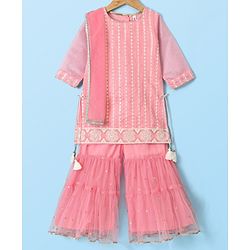 Babyhug Three Fourth Sleeves Embroidered Kurti Sharara and Dupatta Set - Pink