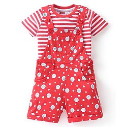 Babyhug 100% Cotton Knit Dungaree and Half Sleeves Tee Set with Stripes - Red