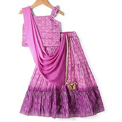 Babyhug Sleeveless Printed Choli with Embossed Foil Lehenga and Dupatta - Purple