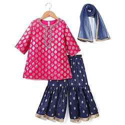 Babyhug Three Fourth Sleeves Foil Printed Kurti Sharara and Dupatta Set - Fuschia