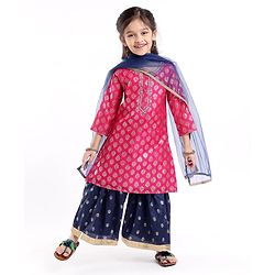 Babyhug 100% Cotton Three Forth Sleeve Kurti Sharara And Dupatta With Bandhani Print- Pink & Navy Blue