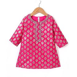 Babyhug 100% Cotton Three Forth Sleeve Kurti Sharara And Dupatta With Bandhani Print- Pink & Navy Blue