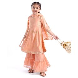 Babyhug Woven Three Fourth Sleeve Georgette Floral Foil Printed Kurti Sharara and Dupatta Set - Coral