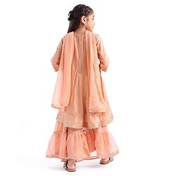 Babyhug Woven Three Fourth Sleeve Georgette Floral Foil Printed Kurti Sharara and Dupatta Set - Coral
