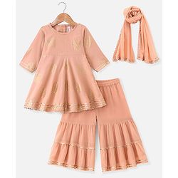 Babyhug Woven Three Fourth Sleeve Georgette Floral Foil Printed Kurti Sharara and Dupatta Set - Coral