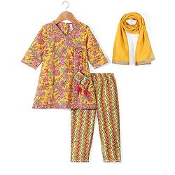 Babyhug Cotton Three Fourth Sleeves Printed Kurti Pant and Dupatta Set with Floral Print - Yellow