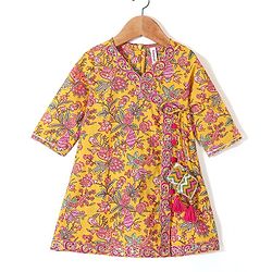Babyhug Cotton Three Fourth Sleeves Printed Kurti Pant and Dupatta Set with Floral Print - Yellow