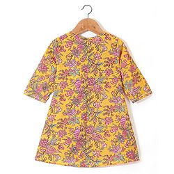 Babyhug Cotton Three Fourth Sleeves Printed Kurti Pant and Dupatta Set with Floral Print - Yellow