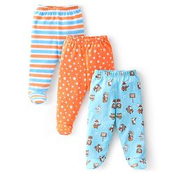 Babyhug Cotton Knit Footed Bootie Leggings Striped & Bear Printed Set of 3 - Orange & Blue