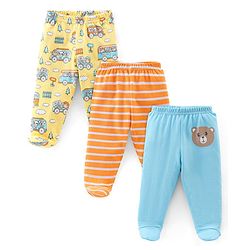 Babyhug Cotton Knit Footed Bootie Leggings Bear & Vehicles Printed Set of 3 - Blue Orange & Yellow