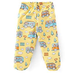 Babyhug Cotton Knit Footed Bootie Leggings Bear & Vehicles Printed Set of 3 - Blue Orange & Yellow