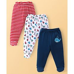 Babyhug Cotton Knit Footed Bootie Leggings Striped & Dolphin Printed Set of 3 - Red & Navy Blue