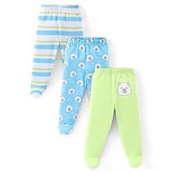 Babyhug Cotton Footed Bootie Leggings Striped & Polar Bear Print Pack of 3 - Blue & Green