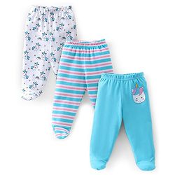 Babyhug Cotton Knit Footed Bootie Leggings Set Stripes & Unicorn Printed of 3 - White & Blue