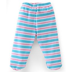 Babyhug Cotton Knit Footed Bootie Leggings Set Stripes & Unicorn Printed of 3 - White & Blue