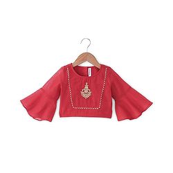 Babyhug Woven Three Fourth Sleeve Embroidered Choli with Foil Printed Lehenga & Dupatta Set - Red