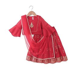 Babyhug Woven Three Fourth Sleeve Embroidered Choli with Foil Printed Lehenga & Dupatta Set - Red