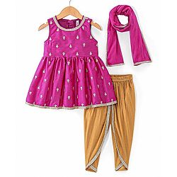 Babyhug Sleeveless Floral Mbrodered Kurti Salwar and Dupatta Set -Magenta Pink