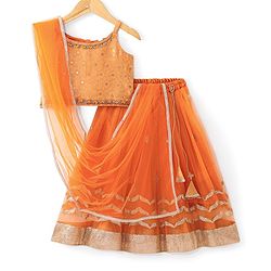 Babyhug  Sleeveless Brocade Choli with Embroided Lehenga and Dupatta - Orange