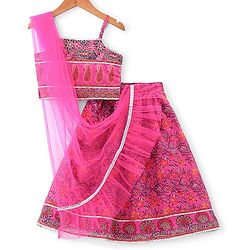 Babyhug Sleeveless Chanderi Printed Choli with Lehenga  and Dupatta Set - Pink