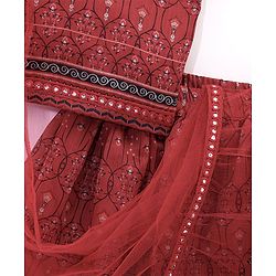 Babyhug Sleeveless Chanderi Printed Choli with Lehenga and Dupatta Set - Maroon