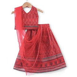 Babyhug Sleeveless Chanderi Printed Choli with Lehenga and Dupatta Set - Maroon