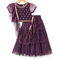 Babyhug Woven Short Sleeves Embroidered Choli with Shimmer Net Lehenga & Dupatta - Purple