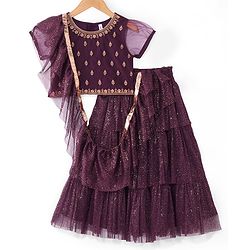 Babyhug Cotton Half Sleeve Embroidered Choli With Shimmer Net Lehenga And Dupatta - Purple
