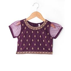 Babyhug Cotton Half Sleeve Embroidered Choli With Shimmer Net Lehenga And Dupatta - Purple