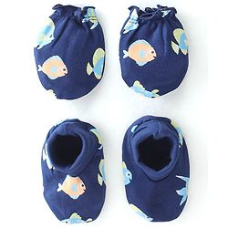 Babyhug 100% Cotton Knit Mitten & Booties Marine Life Print - Navy Blue