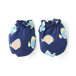 Babyhug 100% Cotton Knit Mitten & Booties Marine Life Print - Navy Blue