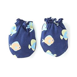 Babyhug 100% Cotton Knit Mitten & Booties Marine Life Print - Navy Blue